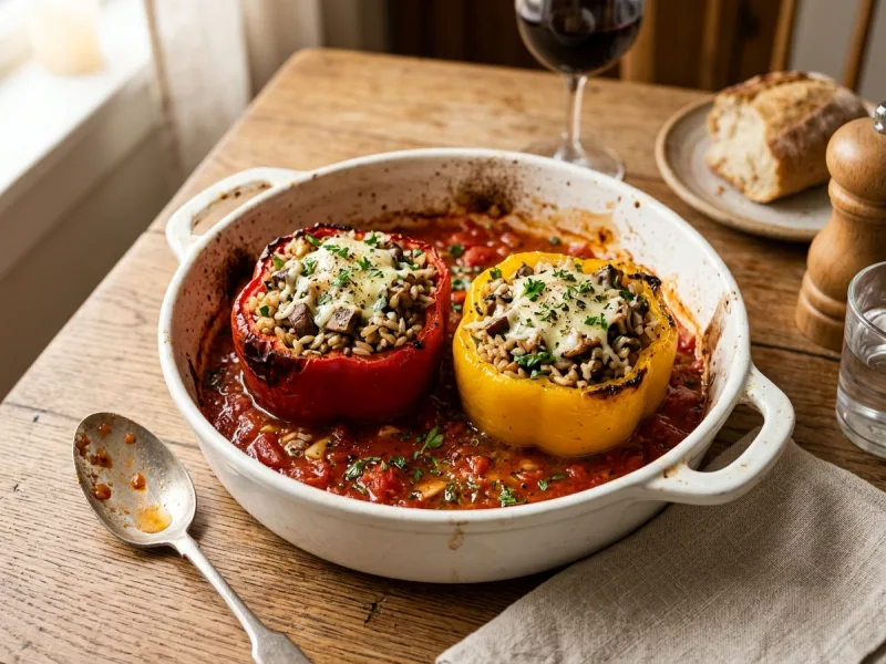 Baked Bell Peppers Stuffed with Brown Rice, Mushrooms and Herbs
